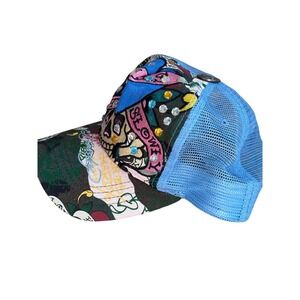 Ed Hardy Trucker Hat Rhinestone Skull Camo Blue Mesh Women
